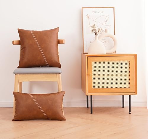 Miniatura 9 de Juego de 2 fundas de almohada decorativas modernas de piel sintética color marrón, 18 x 18 pulgadas, fundas de almohada cuadradas impermeables de