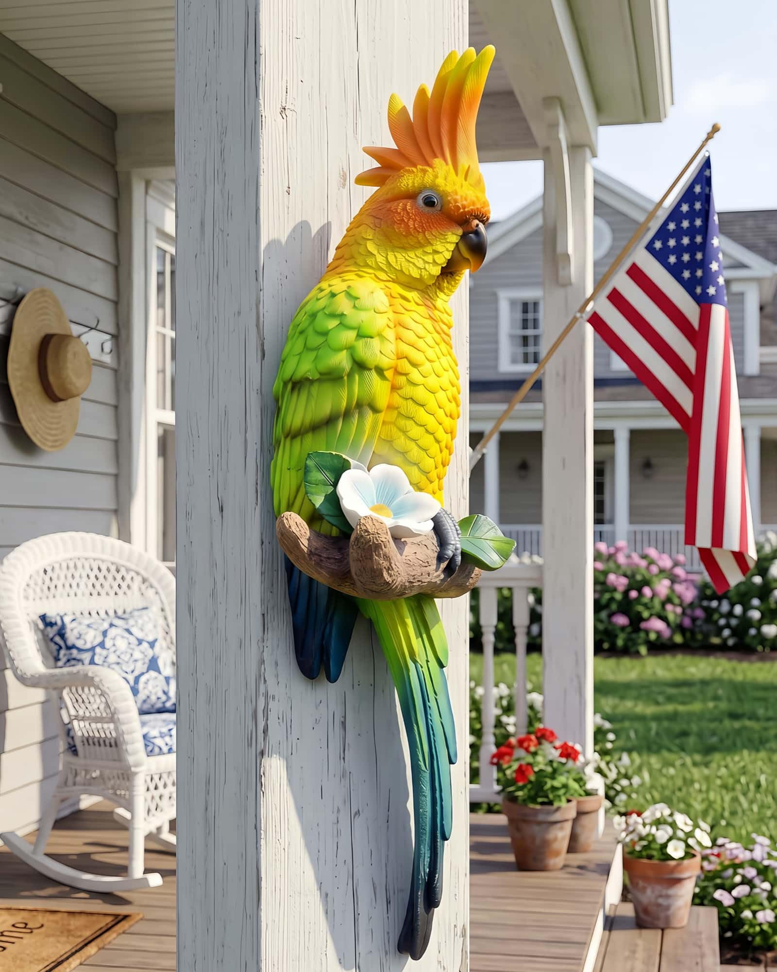 Tropische echte Papageien-Dekoration, Kunstharz-Vogelfiguren, Vogelstatuen, Heim-Dekoration für Tiki-Bar, perfekt für Hof-Ornamente, Baumschmuck im Freien, Terrasse, Rasen, Baumstamm, Veranda
