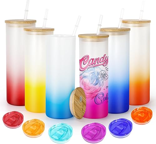 AGH Vaso de sublimación de 25 onzas con tapa de bambú, paquete de 6 latas de cerveza esmeriladas por sublimación, material de color degradado,