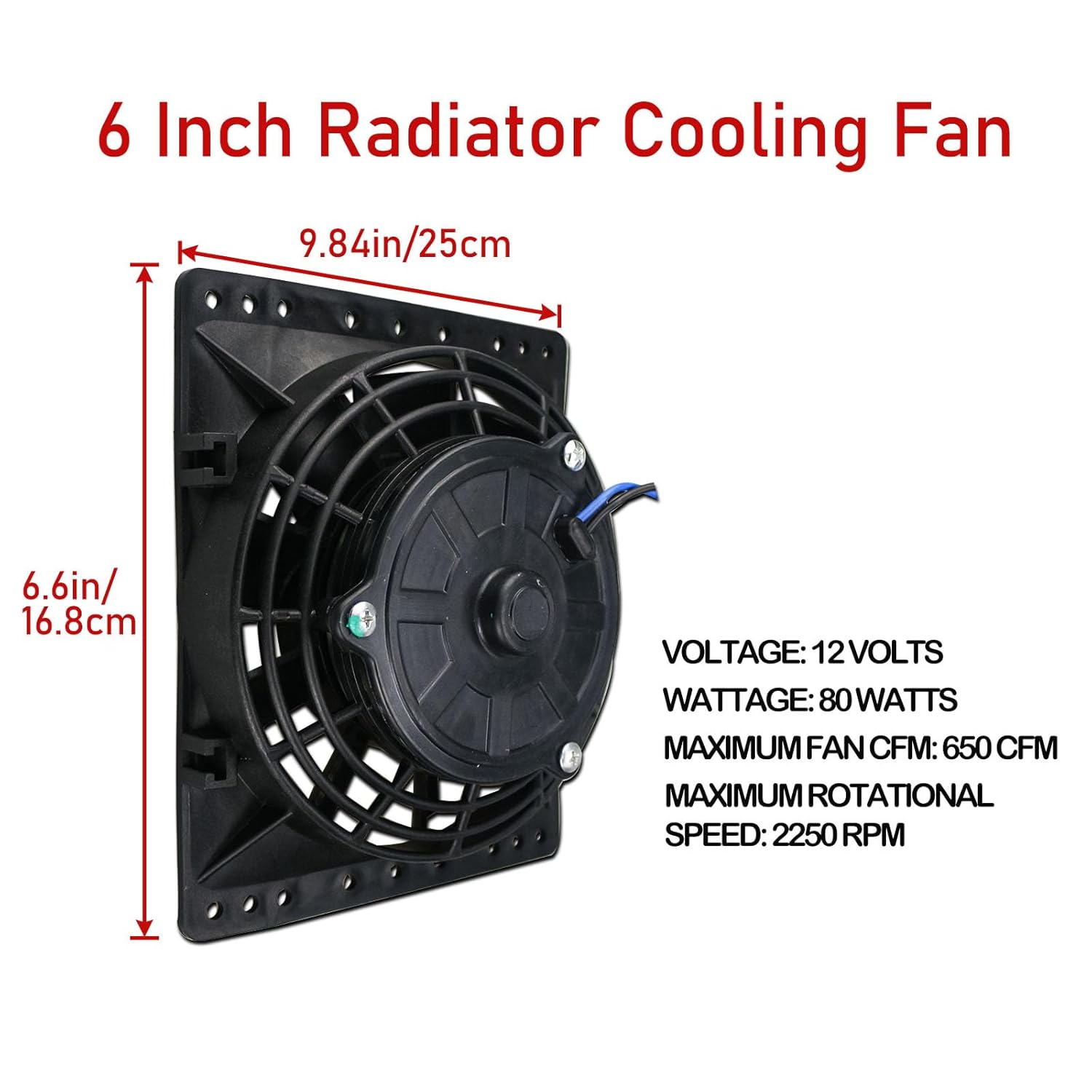 6 Inch Electric Radiator Cooling Fans, Universal Slim Pull 12V 80W 650CFM Direct Replacement Electric Fan with Mount Kit Pack of 2, Black