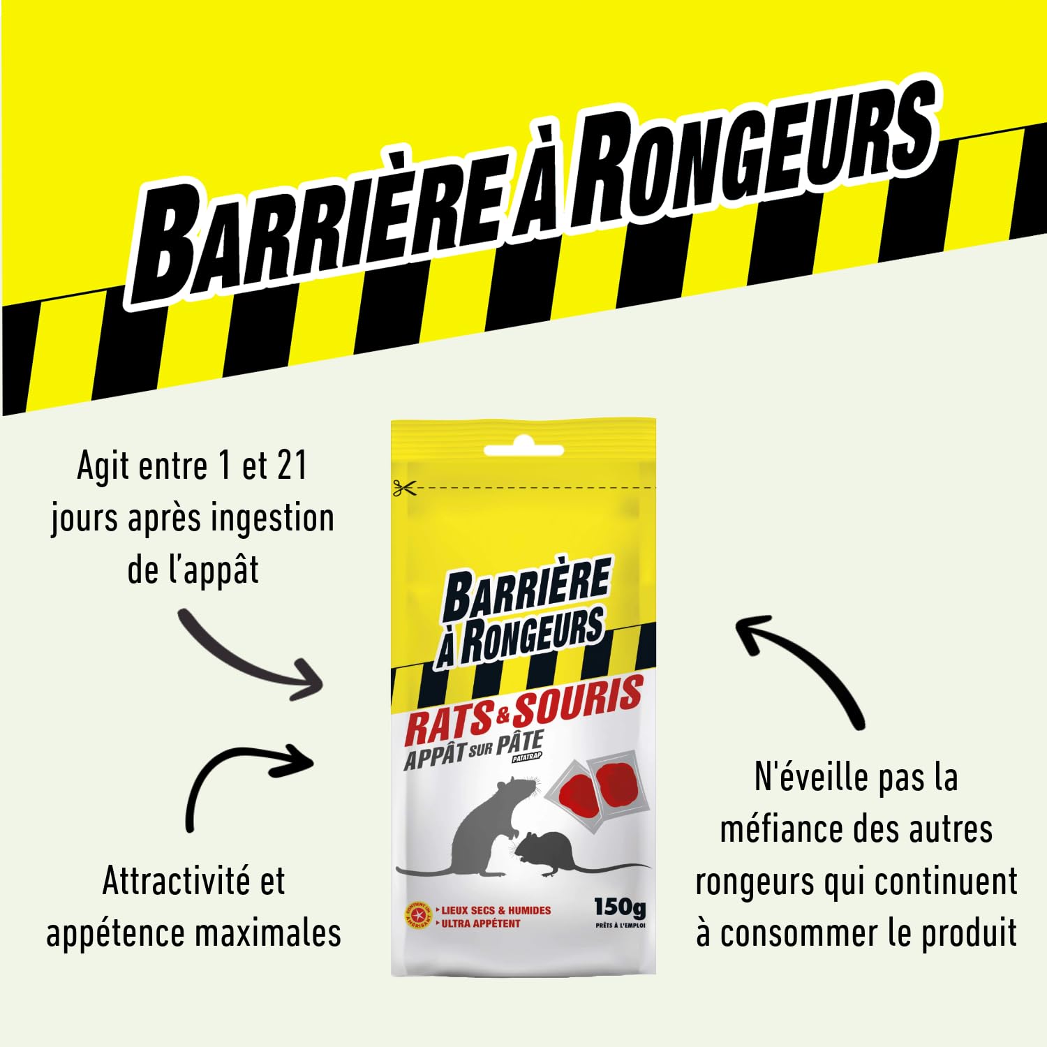 Appât Anti-rats Pâte BARRIERE A RONGEURS - 150g, à Base De Difénacoum, Efficace En 4-7 Jours, Prêt à L'emploi - 5
