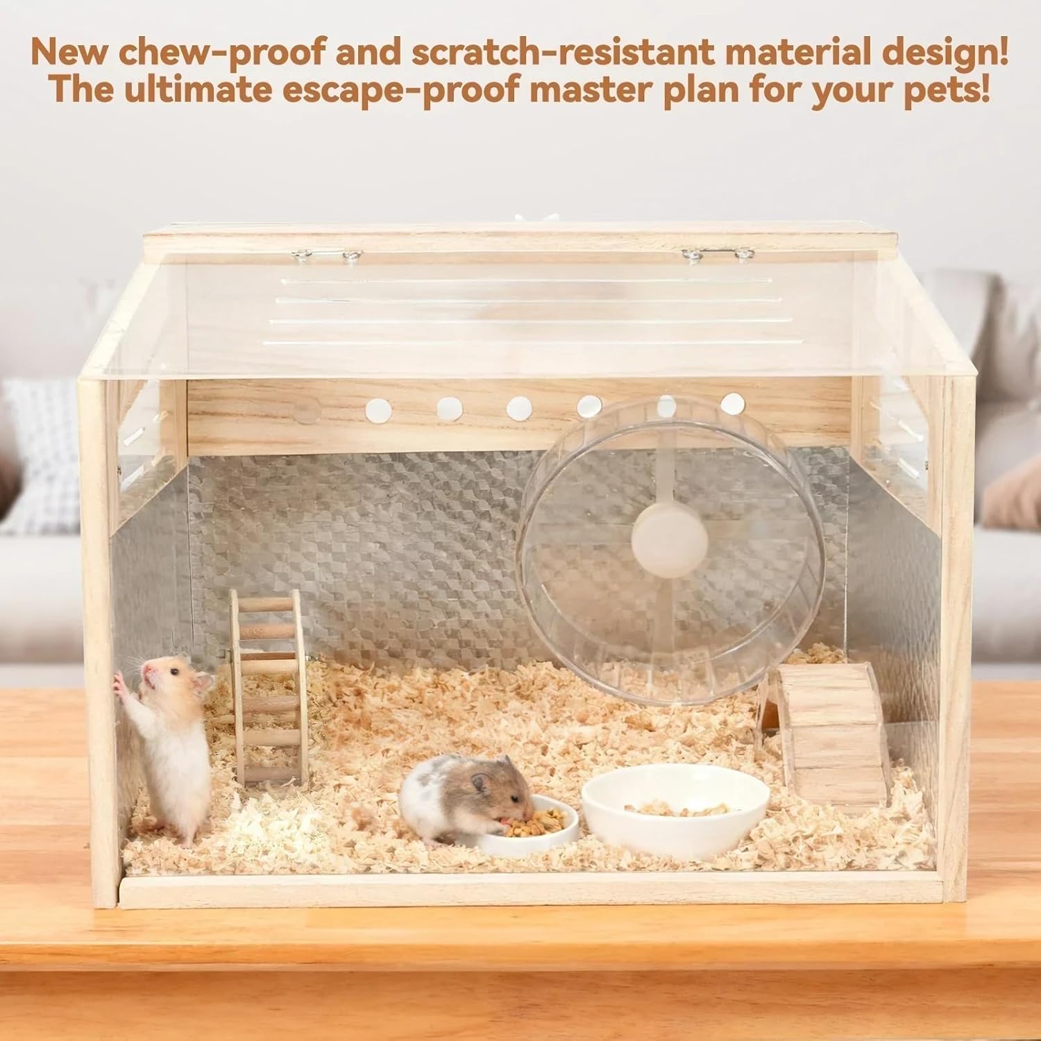 Hamster Cage with Camera - 2.5K 5G Hamster Camera for Chewproof Guinea Pig Cage Clear Small Animal cage with Open top Hamster Habitat Wooden Mouse cage 15.7 * 12 * 12 in (Hamster Cage)