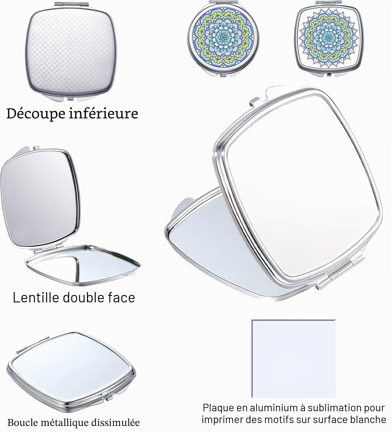 Lot de 20 miroirs de sublimation compacts en vrac - Petits cadeaux de Noël pour femme - Miroir de poche pliable double face - Miroir de poche rond et carré pour sac à main de voyage