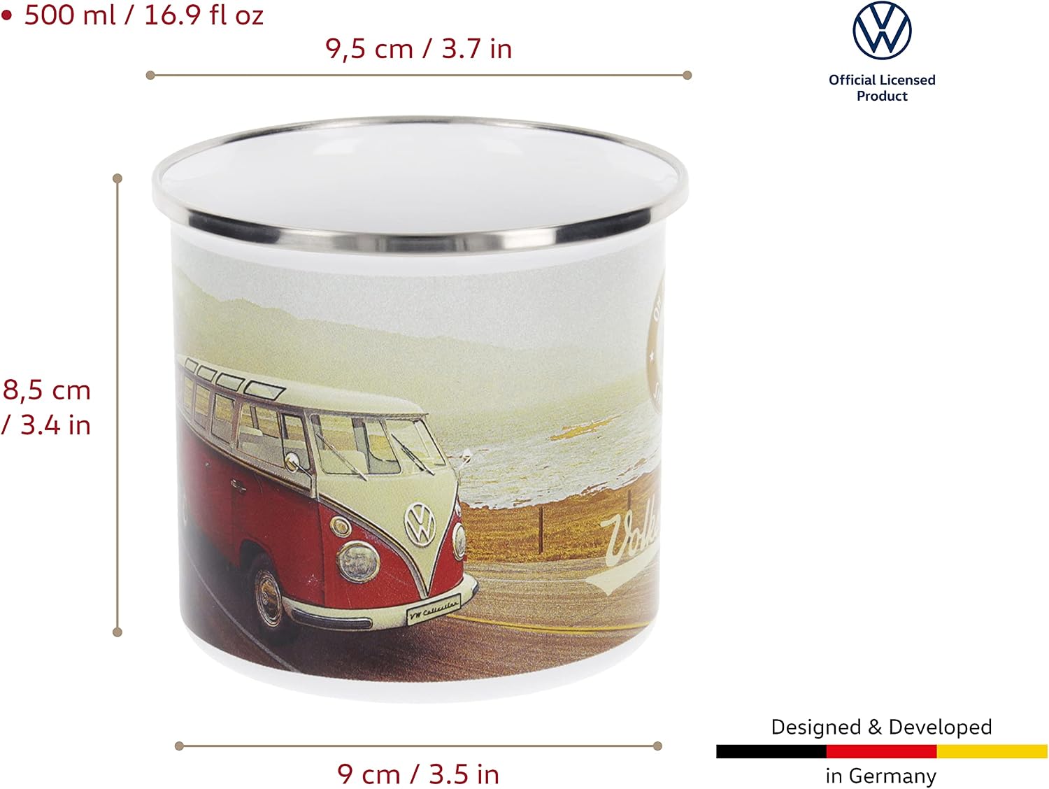 BRISA VW Collection - Volkswagen Large Enamel Coffee-Tea Mug Cup for Camping & Outdoor T1 Bus Campervan (500 ml/16.9 fl oz/Highway 1/Multicolor) image 3