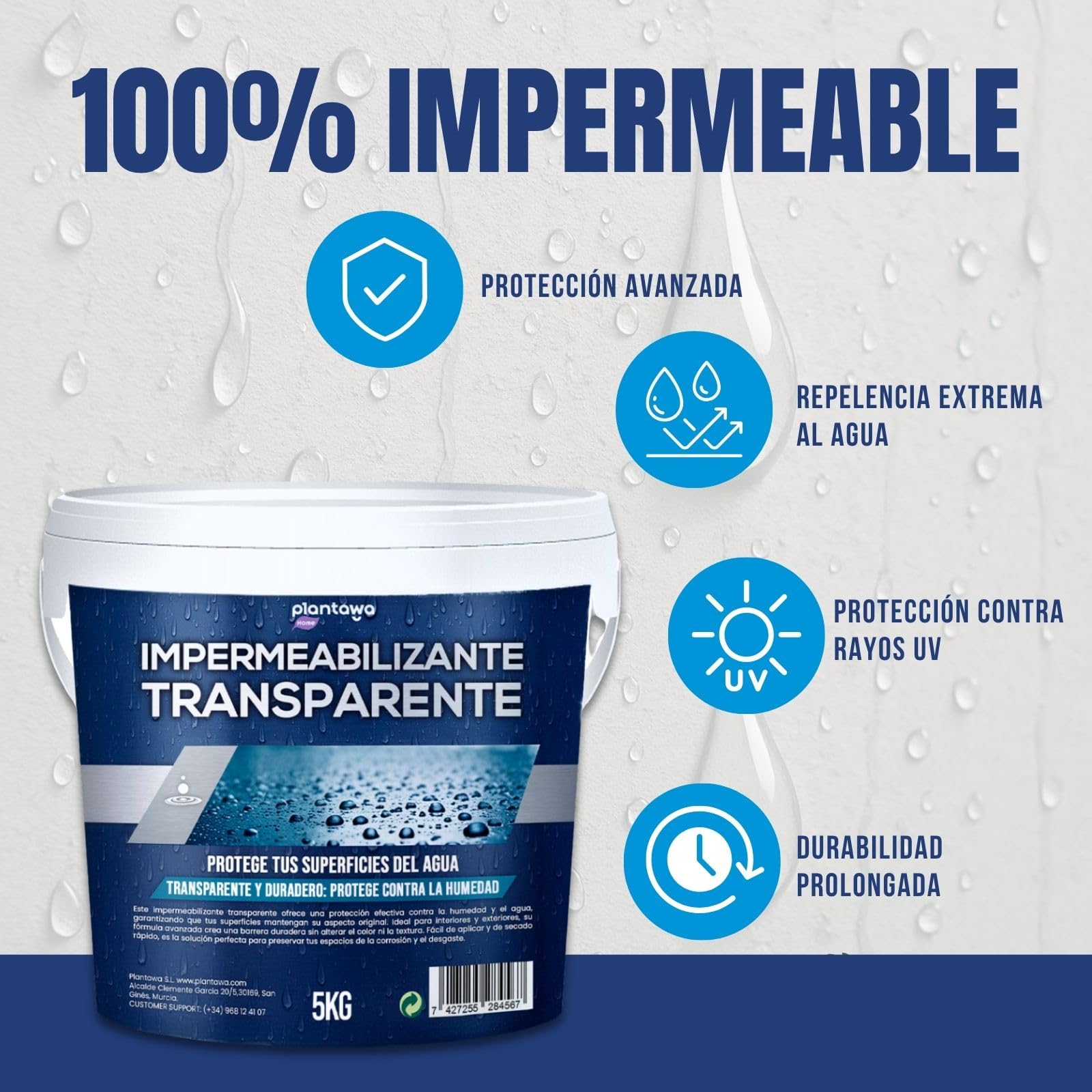 Plantawa Impermeabilizante Transparente 5kg | Revestimiento impermeable definitivo, Genera película protectora, Resistente al agua y humedad, Revestimiento impermeable para interiores y exteriores