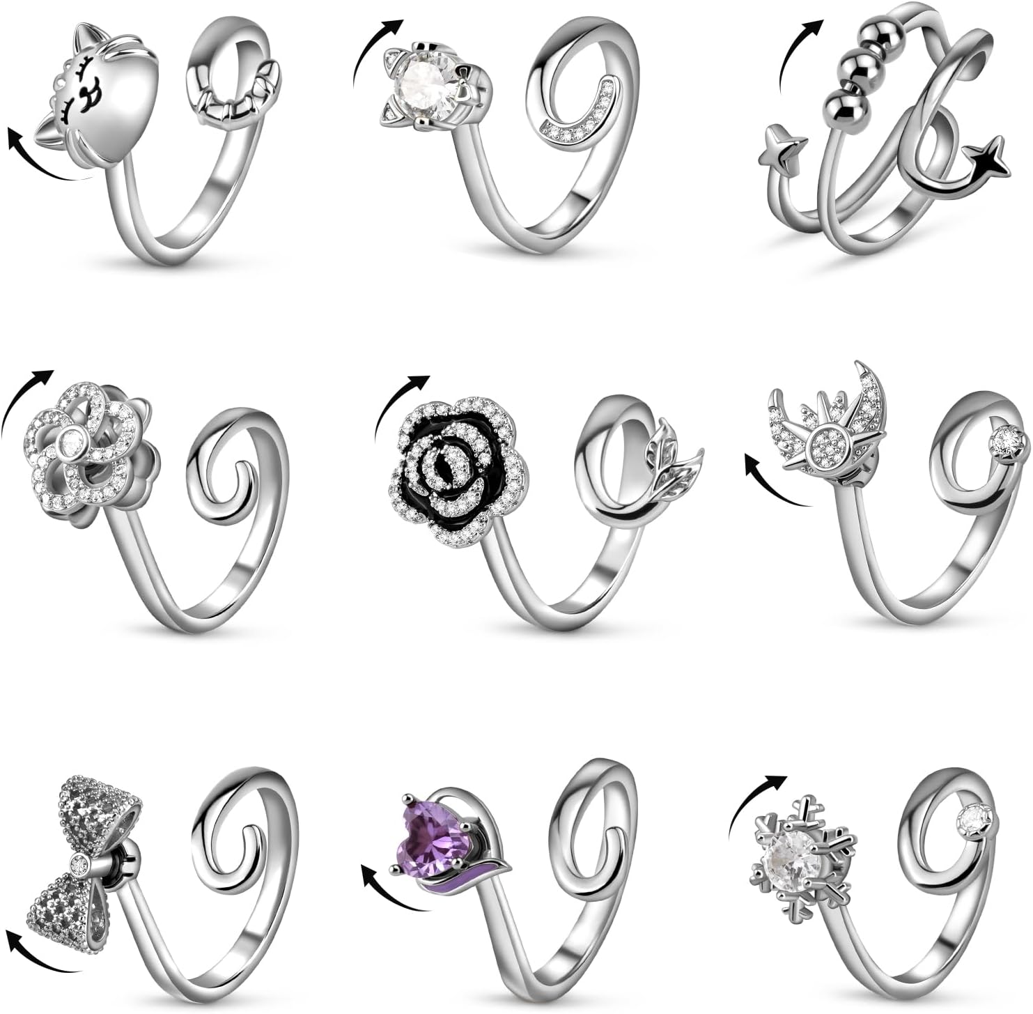 9 Pcs Fidget Rings for Women, Adjustable Spinner Anxiety Ring Set,Open CZ Cat Flower Star Moon Relief Spinning Rings for Adults
