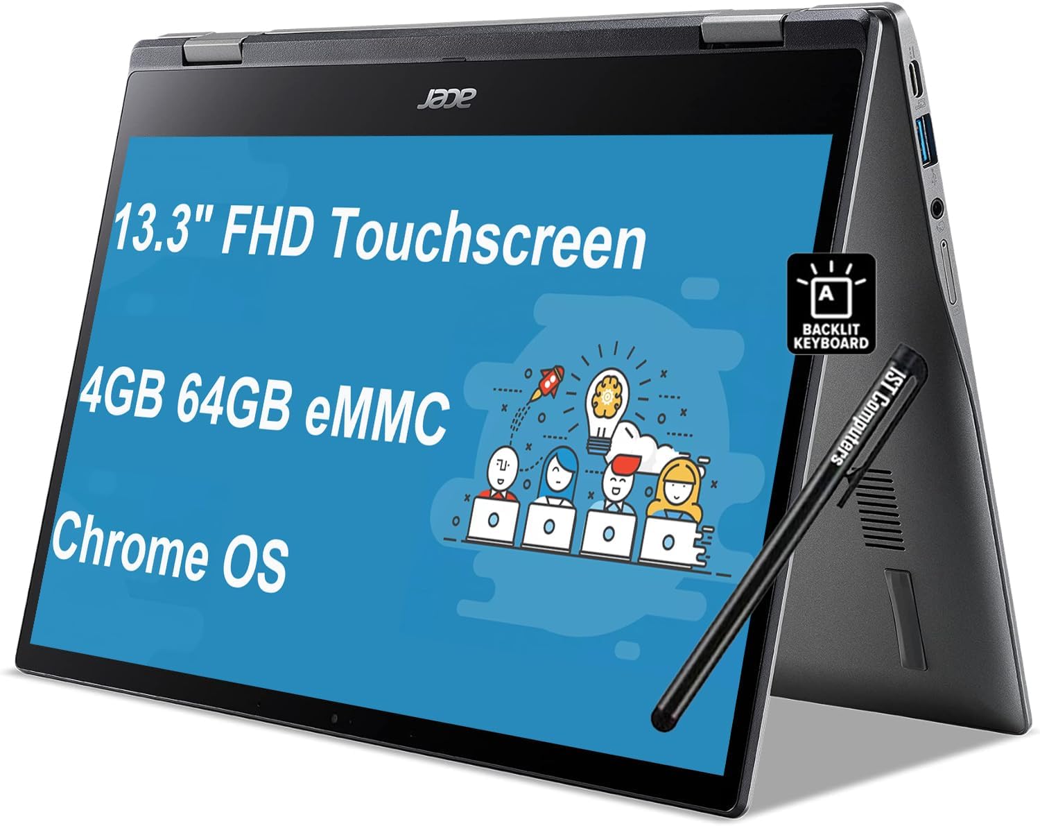Chromebook Spin 513 2-in-1 Laptop (13.3" FHD Touchscreen, 8-Core CPU, 4GB RAM, 64GB eMMC), Home & Student, Webcam, Backlit KB, Long Battery Life, IST Stylus, Chrome OS, Steel Gray - 2024