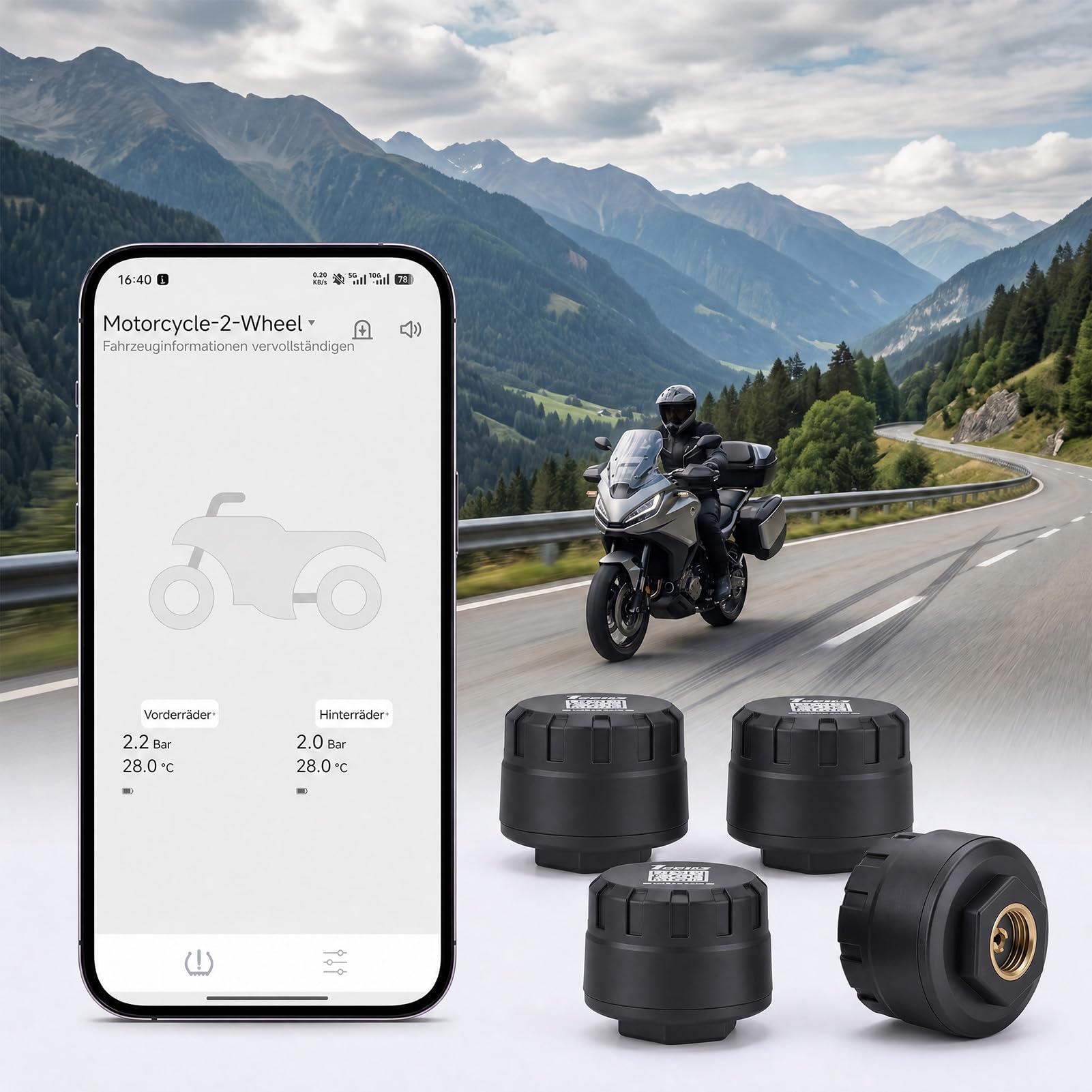 Reifendruckkontrollsystem TPMS Motorrad Auto Drahtlose Reifendrucksensoren mit App Echtzeit Druck Temperatur Alarmfunktion für iOS Android PKW SUV LKW Wohnmobil Universell Ventil Sensor Set