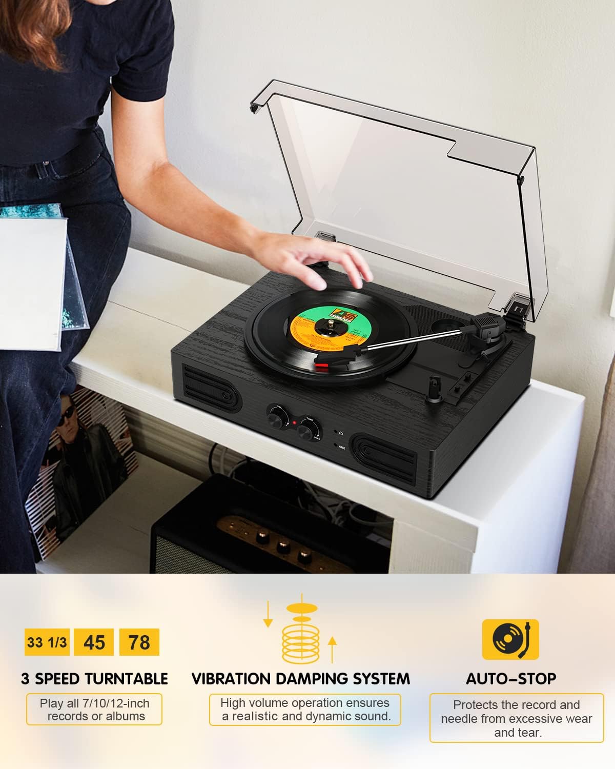 Bluetooth Record Player with Built-in Speakers, 3-Speed Belt-Drive Turntable, Bass & Treble Control, Compact Vinyl Player with RCA Output, AUX-in, Headphone Jack, Black Wooden