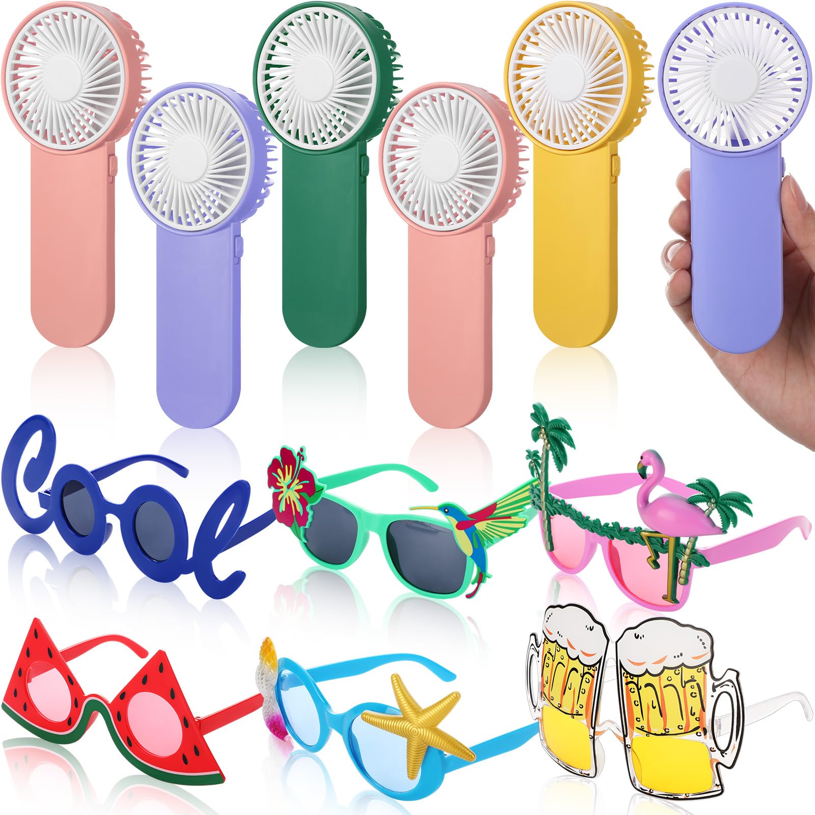 Tuanse 6 mini ventagli portatili e 6 divertenti occhiali da sole Luau per feste tropicali hawaiane, ventilatori personali alimentati a batteria, per interni ed esterni, viaggi, campeggio, trucco