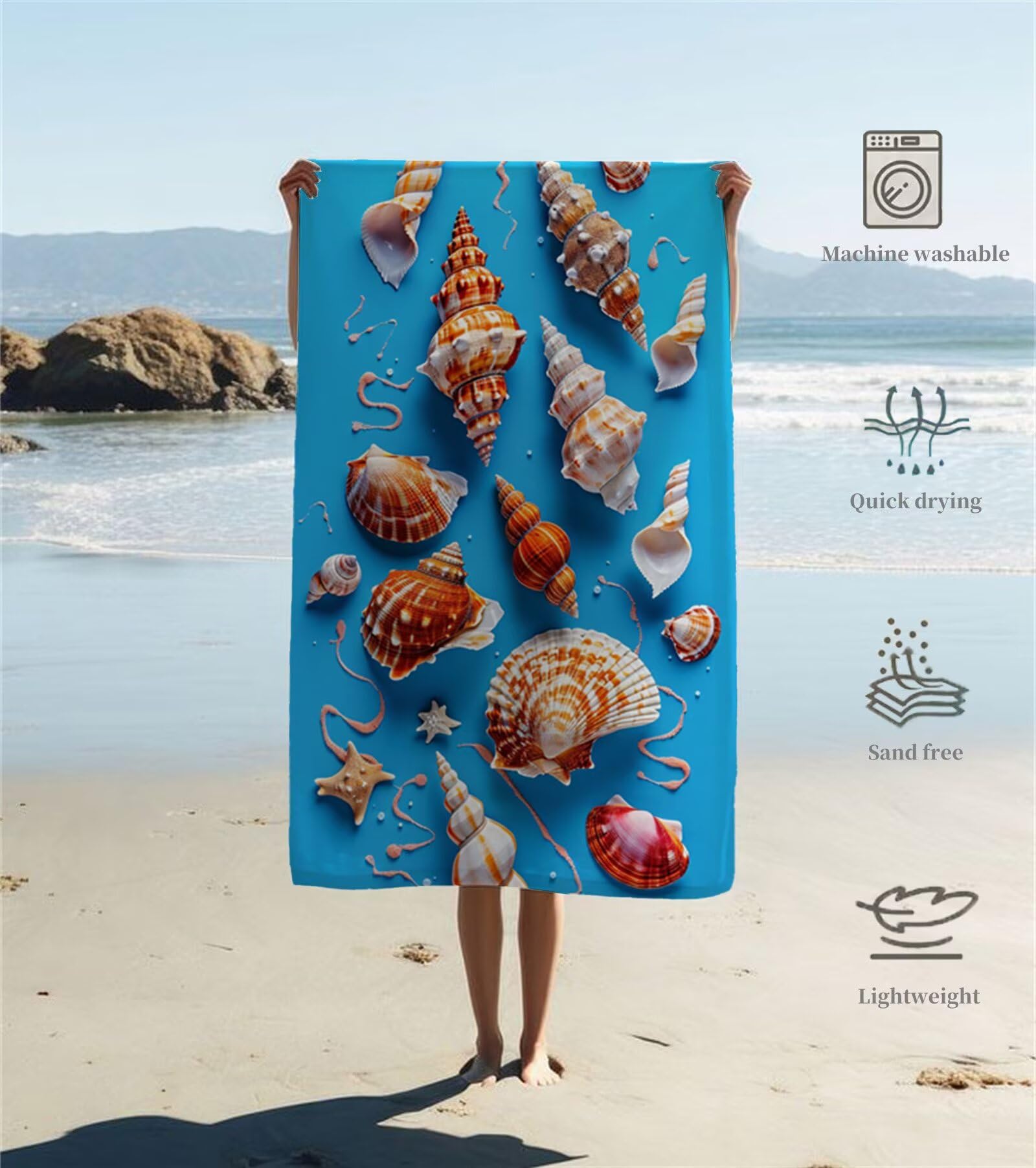 Strandtuch Muschel Mikrofaser Handtuch Groß 220 x 100 cm, Saunahandtuch Schnell Trocknendes, Sandfreie Stranddecke, Saugfähiges Badetuch, Platzsparende Reisehandtuch, Strandurlaub Must Haves Y1-731