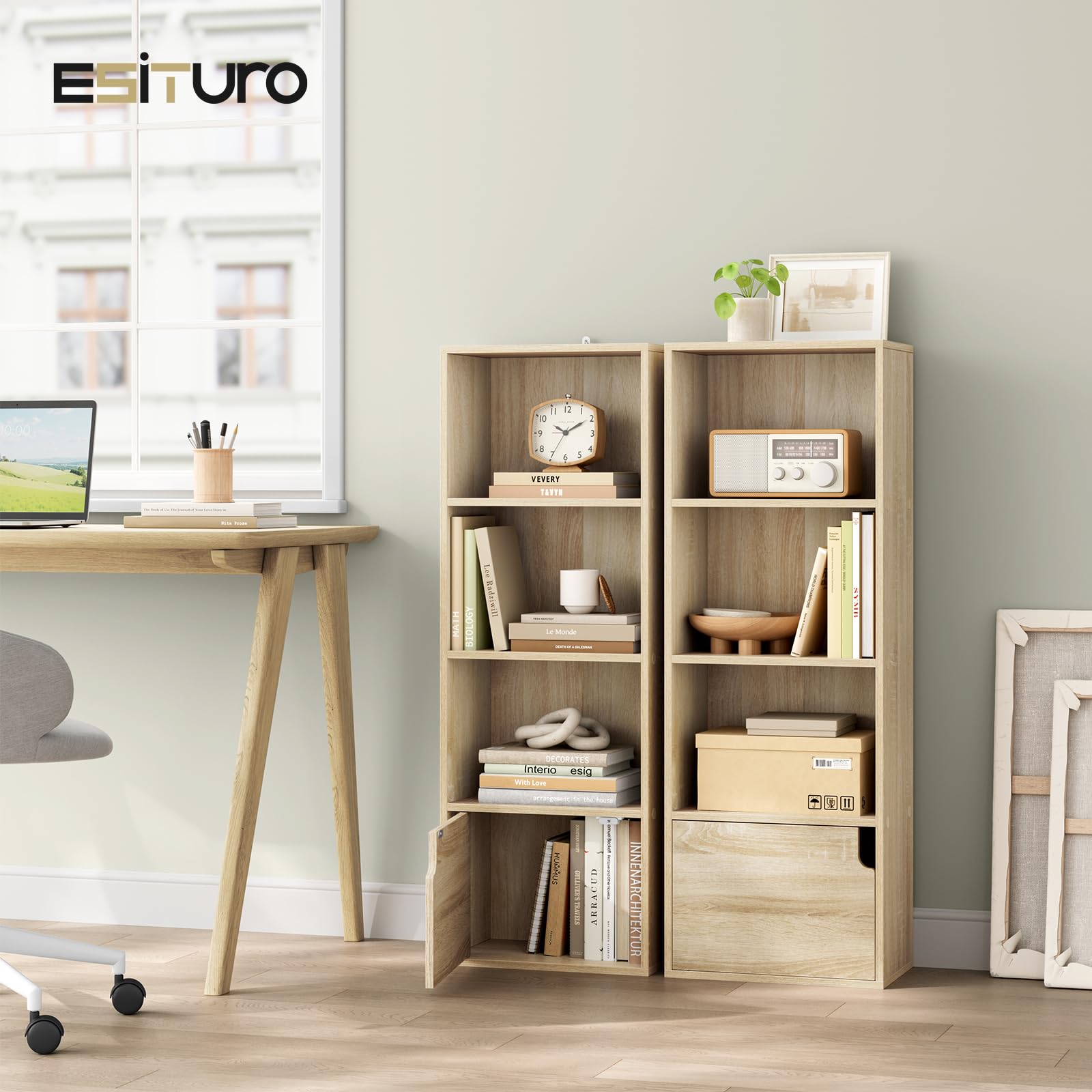eSituro Libreria Verticale con 3 Scomparti a Giorno e 1 Armadietto, Scaffale Salvaspazio per Studio, Ufficio, in Truciolare e MDF, Legno Chiaro, 34x24x106 cm
