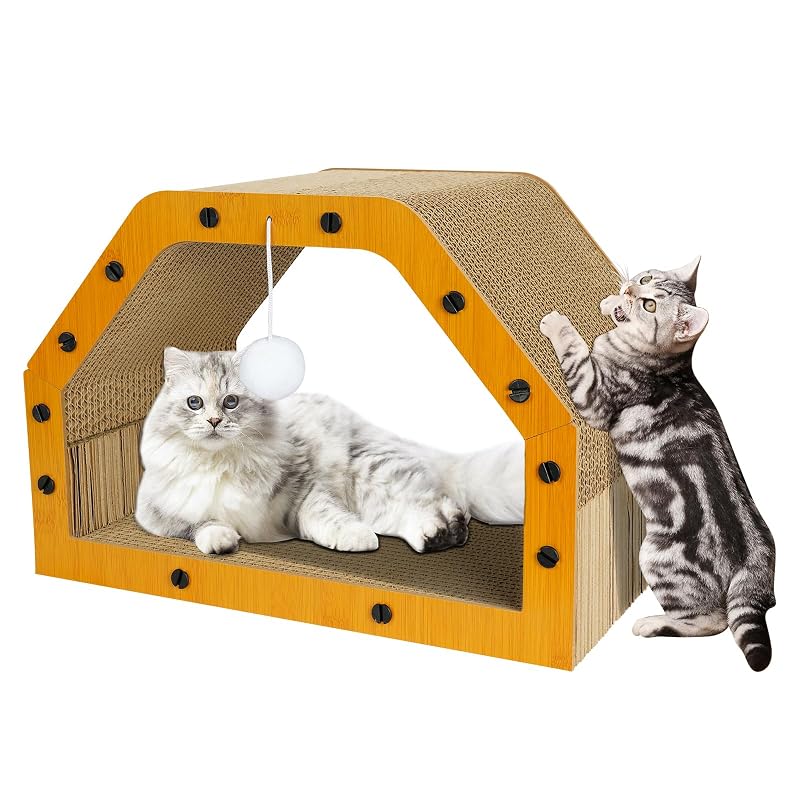 Arranhador para Gatos TIMIEEYA em Papelão com Casa Triangular e Toca, Marrom e Bege