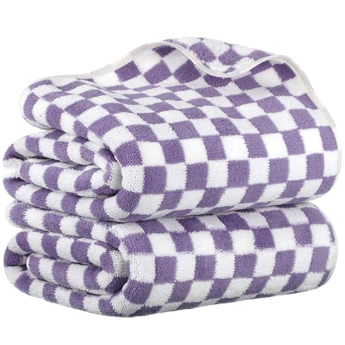 Peryiter 2 Pcs Checkered Bath Towel 27.5" x 55" Soft Large Towels Quick Dry for Beach Pool Swim Bathroom Spa Shower Gym(Purple) - Purple
