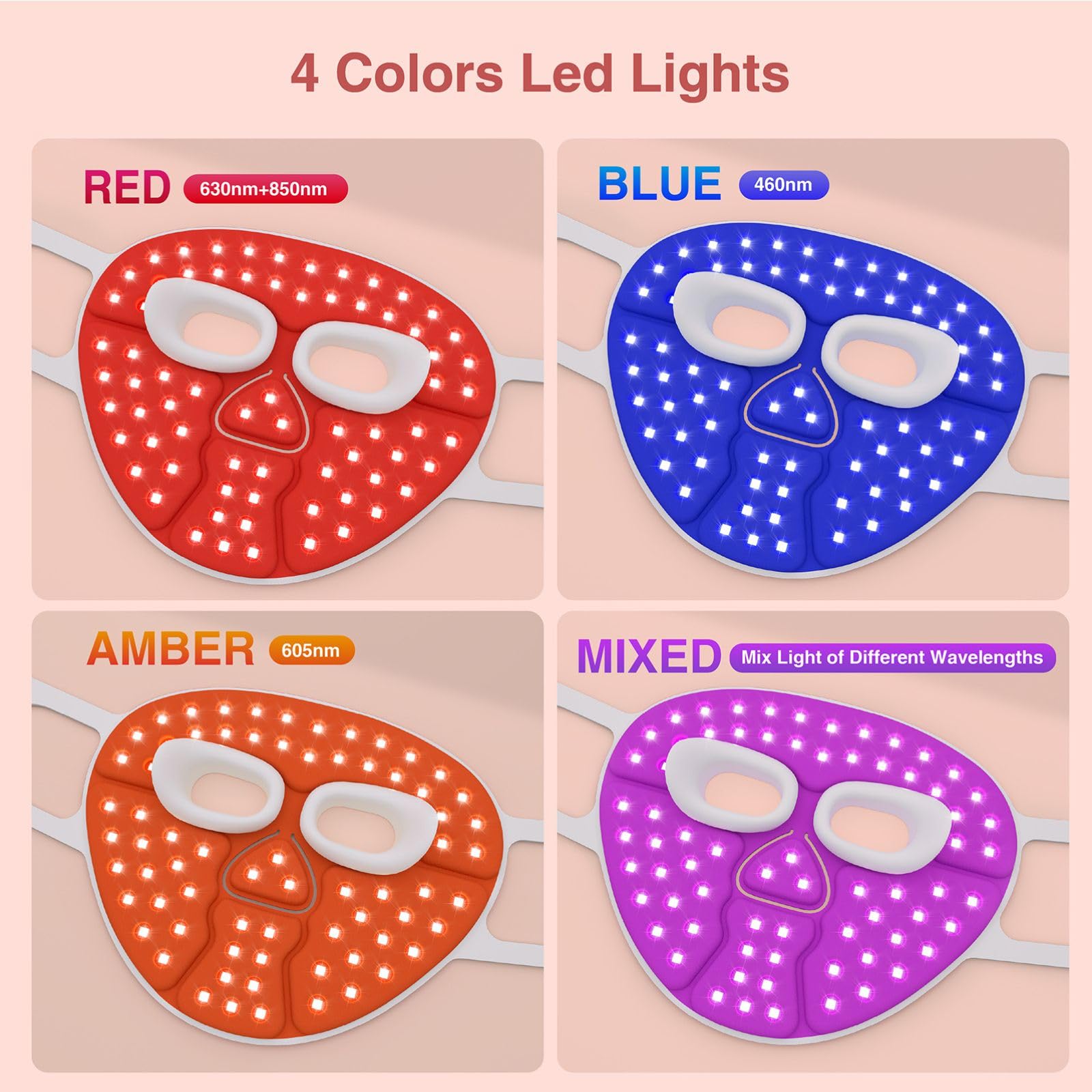 LED Gesichtsmaske mit 70 LEDs, 4 Farben & Nahinfrarot 630/850nm, Hautpflege & Wellness, Pflege reifer Haut & bei Hautunreinheiten, tragbar & wiederaufladbar für Gesicht & Hals,Blau