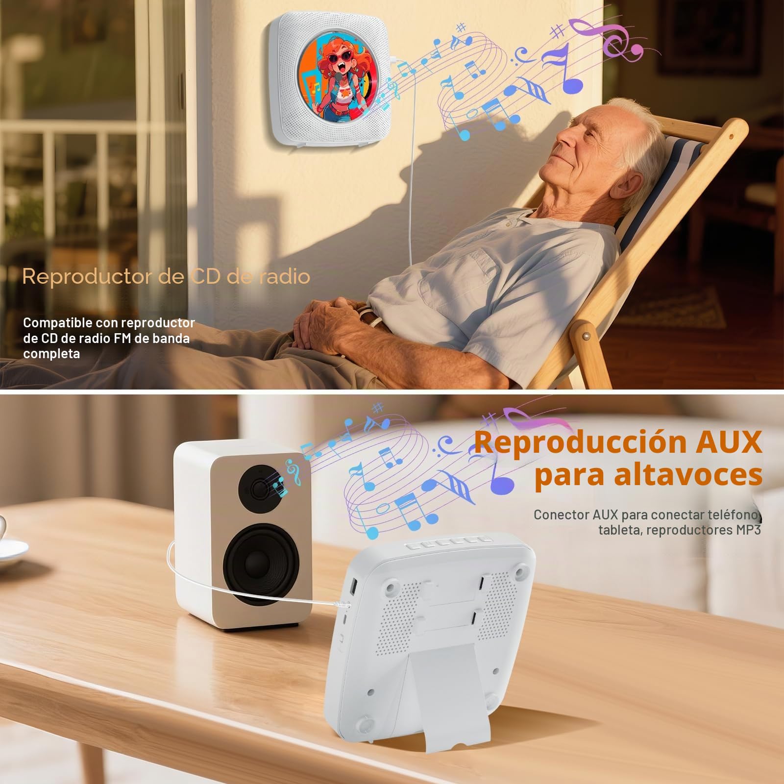 Gueray Reproductor de CD Portátil Bluetooth con Batería Recargable 1800 mAh Mando a Distancia Radio USB AUX Blanco