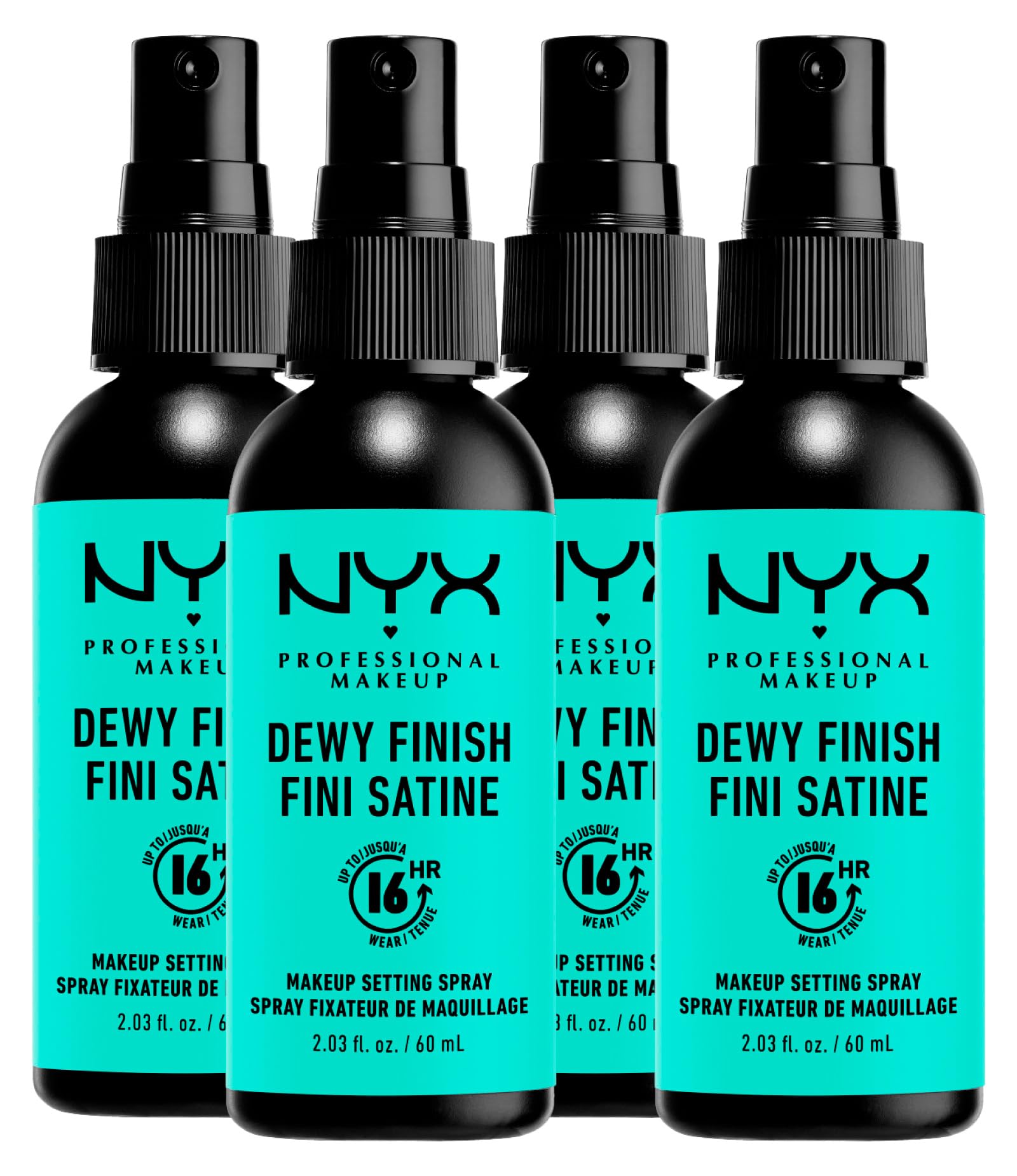 NYX Professional Makeup Spray Fissante Makeup Dewy Finish Lunga Tenuta 16h Effetto Luminoso Anti-Sbavature Formula Leggera No Transfer Vegana - 4 Flaconi da 60ml