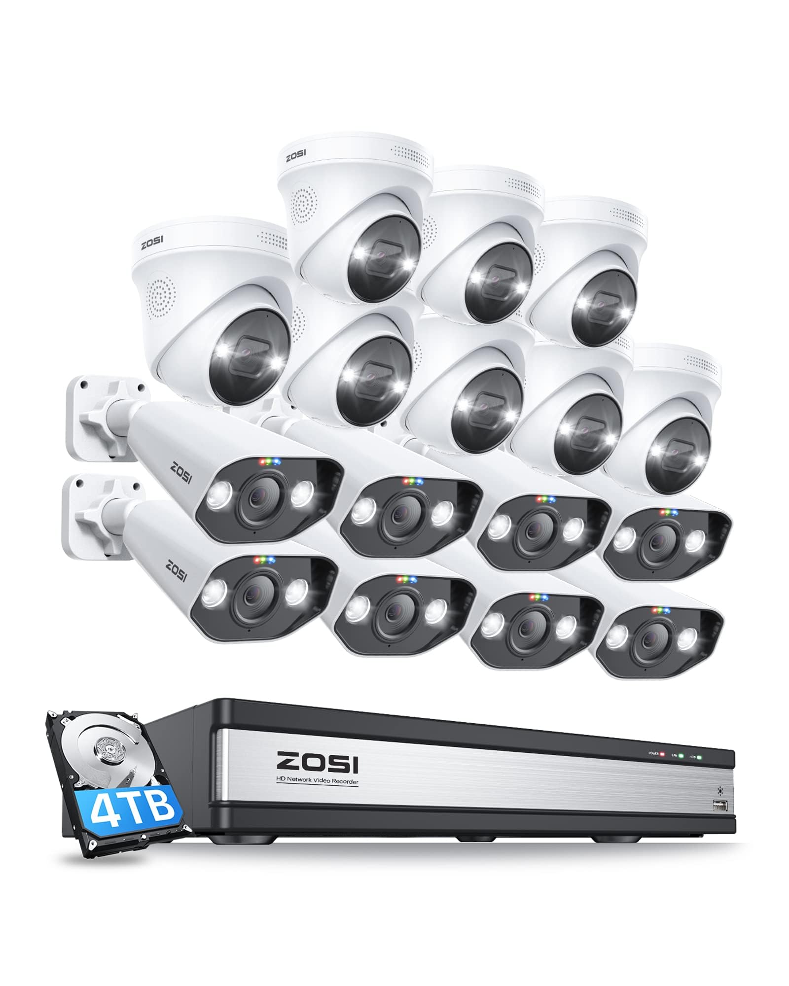 ZOSI 4K CCTV Kit de Videovigilancia PoE 16pcs Cámaras de Seguridad Exterior con 16CH 8MP H.265+ Grabador NVR, Visión Nocturna en Color, Alarma de Luz y Sirena, Audio, 4TB HDD Incluido