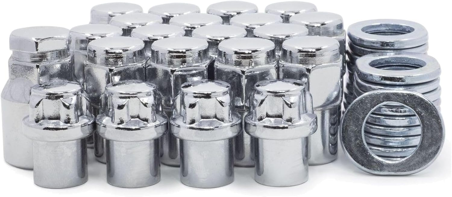 Lug Nuts & Locks 7/ Chrome Flat Top 75 Shank Center Washers 20 Steel for Chevy for Camaro for Chevelle for Chevy II for El Camino for Malibu for Nova 13/16" Hex/Wrench Size