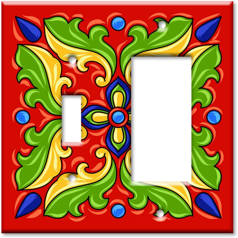 Art Plates - Decorative Light Switch Plate Cover Plate - Decorative Metal Wall Plate - Combo: Toggle - Decora - Red - Green Mexican Talavera Tile (PRINTED IMAGE) - (Made in USA)