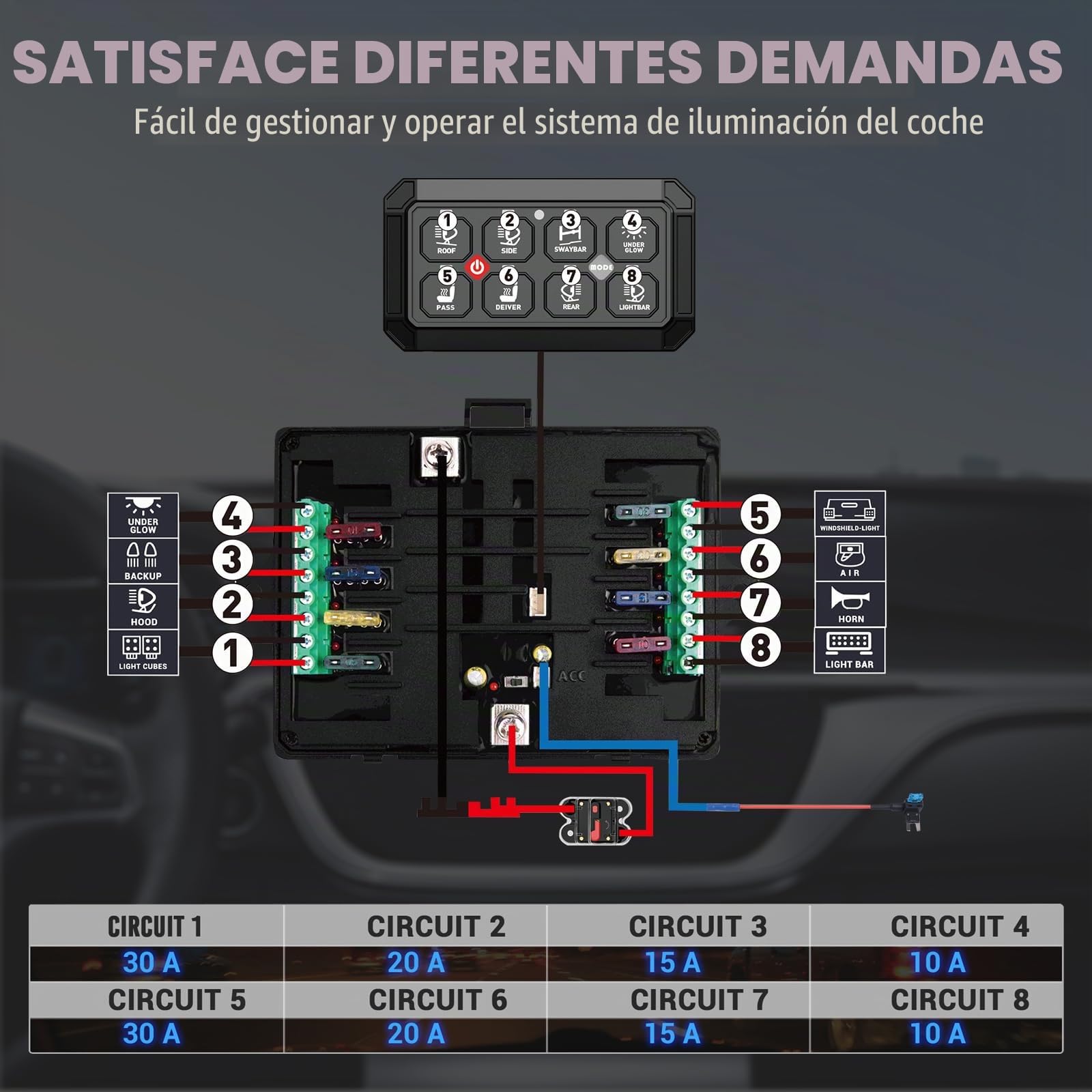 Panel de interruptor de 8 marchas, sistema de relé de circuito universal | conmutación inteligente y LED regulable, panel táctil RGB de siete colores para coche