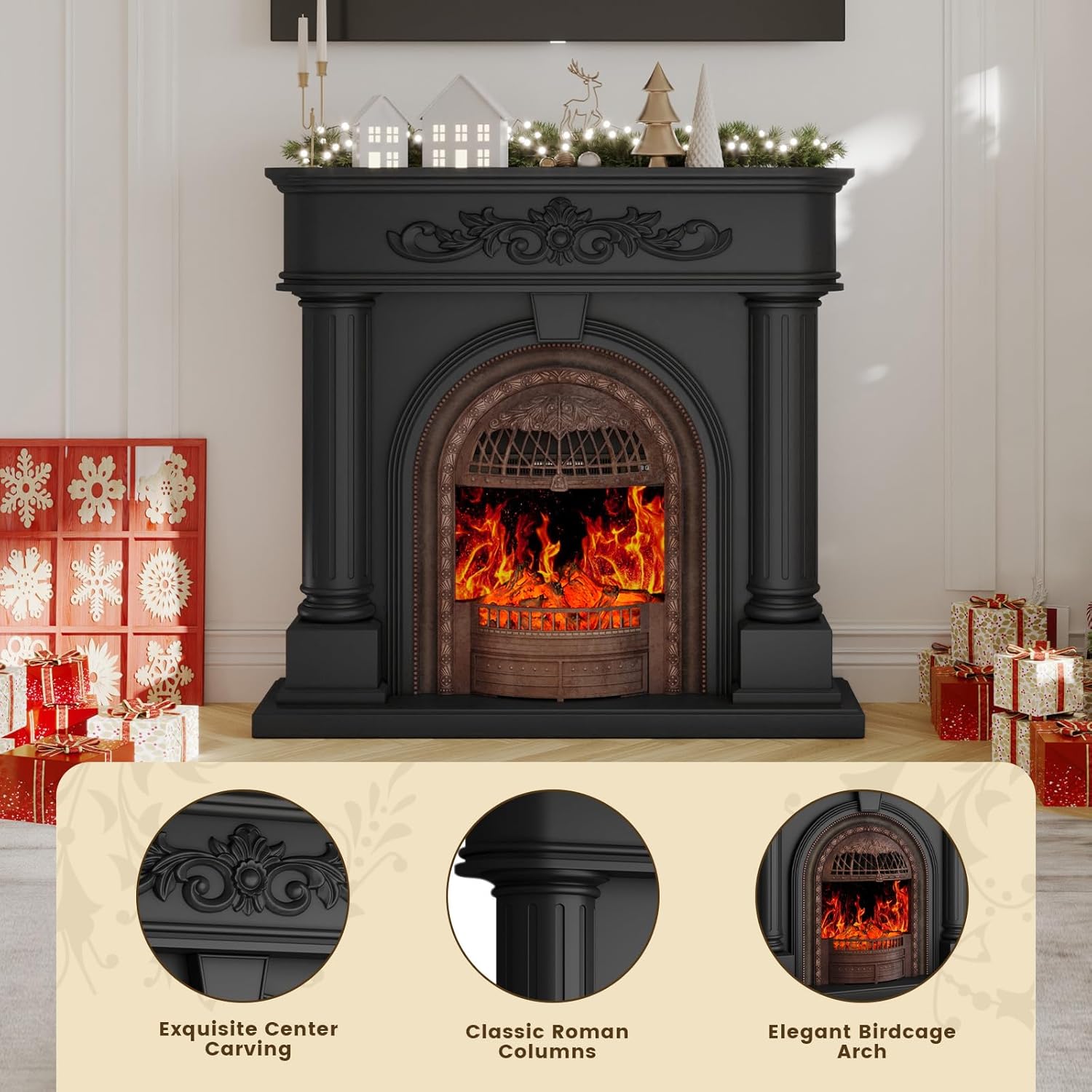 50” Solid Wood Electric Fireplace with Mantel, Black Roman Column TV Stand with Antique Bronze Finish Birdcage Heater Insert, Elegant Fireplace for Living Room, Bedroom & Entryway