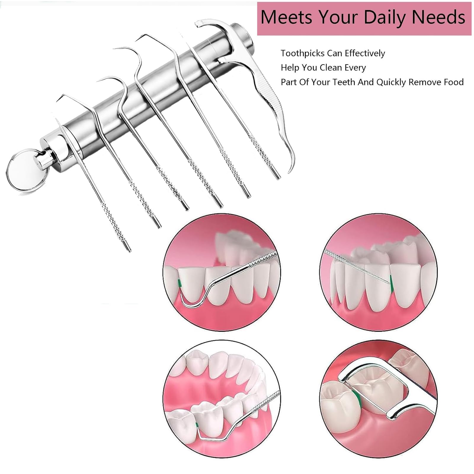 Lot de 7 cure-dents en acier inoxydable 304 qualité alimentaire - Porte-cure-dents réutilisable métal tube argenté - Pour pique-nique, camping