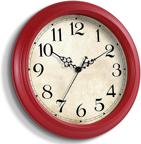 Miniatura 2 de HYLANDA Reloj de pared rojo de 12 pulgadas, funciona con pilas, relojes vintage de cocina silenciosos, sin tictac, relojes retro de campo