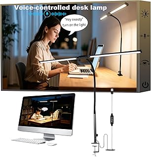 Voice-Activated Led Desk Lamp for Office Home Room Eye Caring Architect lamp with Clamp and Voice-Activated Custom Color Temperature Pole Dual Screen Computer Monitor Work Smart Light
