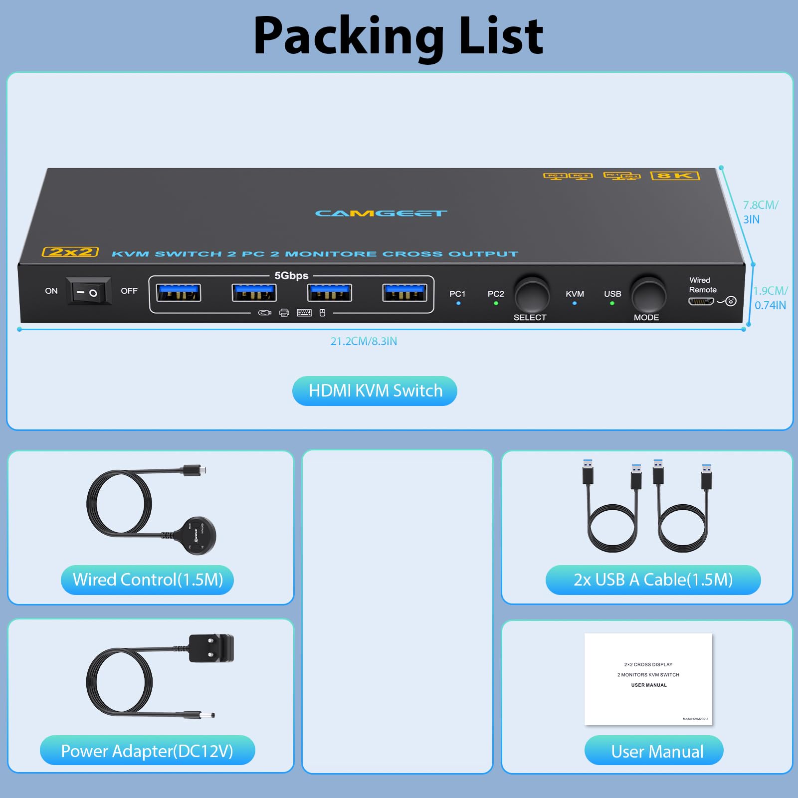 Switch KVM USB 3.0 HDMI 2 PC 2 monitor 8K @ 60Hz, camgeet KVM switch HDMI & USB Switcher Dual Mode, Cross Display, per 2 computer, condividere 2 monitor e 4 porte USB 3.0, con telecomando cablato