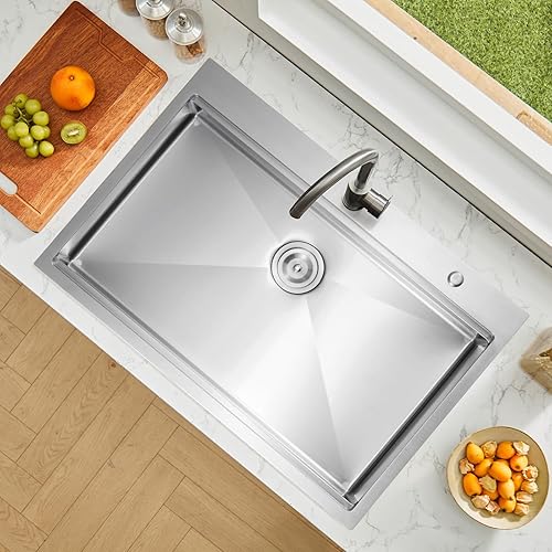 Miniatura 8 de VEVOR Fregadero de cocina de 33 pulgadas, fregadero de acero inoxidable 304 con montaje superior, lavabo de granja de un solo tazón con reborde y