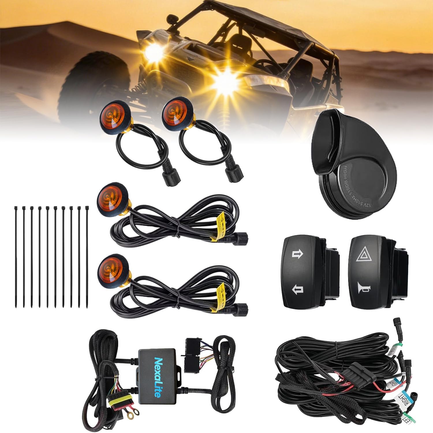 ATV UTV Turn Signal Kit with 110dB Horn Pre-Wired Plug & Play UTV Universal Street Legal Kit with Hazard light, Blinker with Rocker Switch, Compatible With Polaris RZR Can-Am CFMOTO