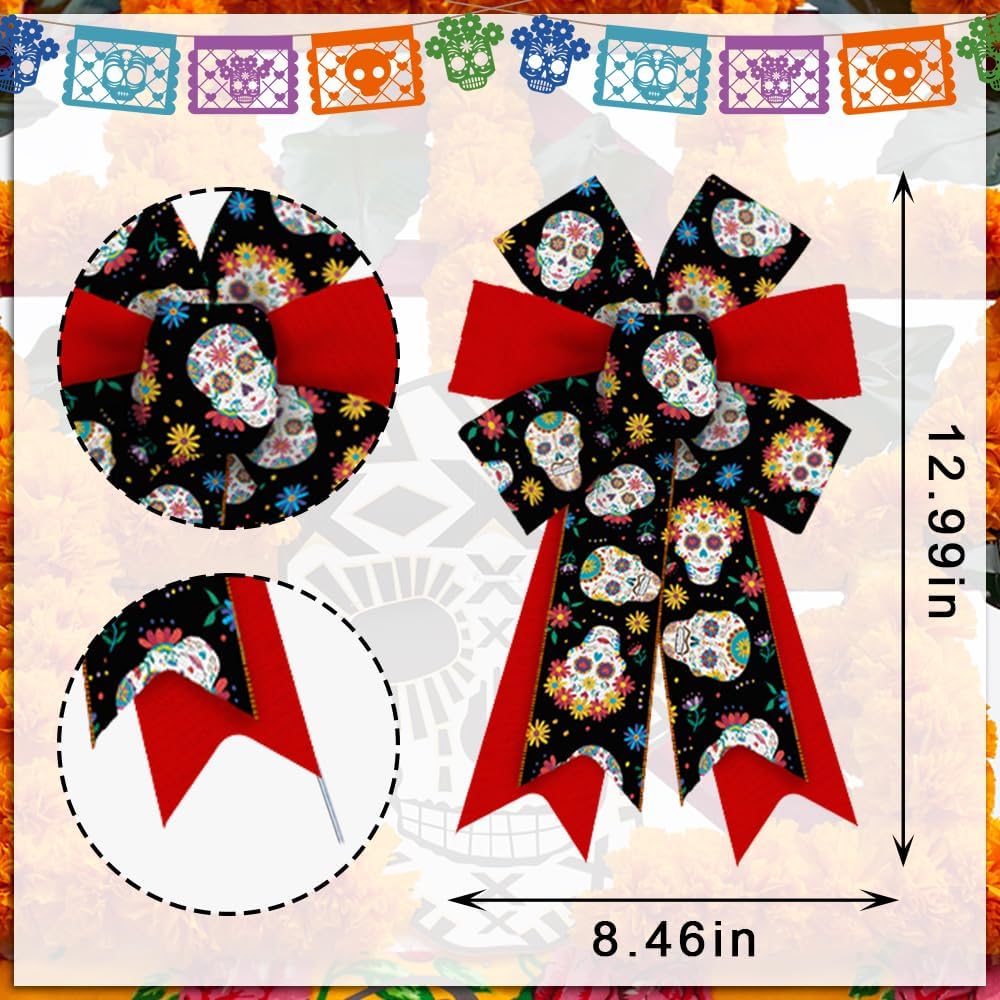 Hying 2PCS Day of The Dead Bows for Wreath, Red Black Dia de Los Muertos Wreath Bow for Mexican Party Supplies Halloween Sugar Skull Bow for Front Door Indoor Outdoor Wall Tree Topper Decorations - Image 2