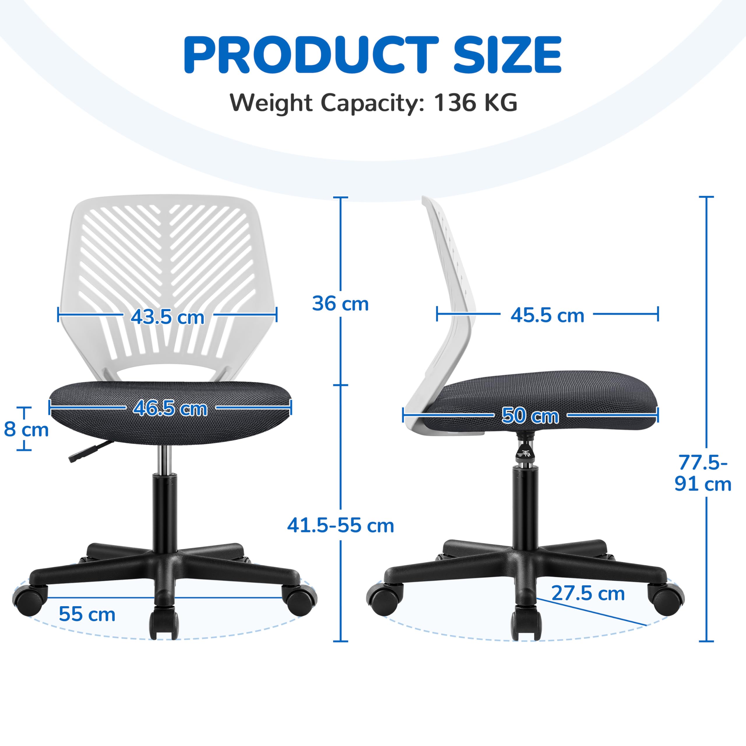 Yaheetech Sedia Ufficio Scrivania Senza Braccioli Girevole a Rotelle Ergonomica Portata 136 kg in Rete Traspirante Altezza Regolabile Grigio Scuro