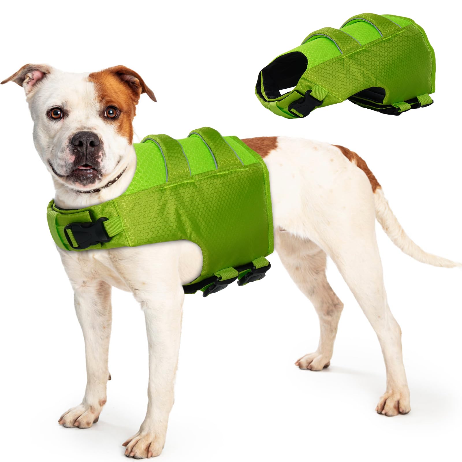 Hjumarayan Chaleco Salvavidas Perro, Ripstop Flotador Perro con Asa de Rescate Chaleco Flotador Perro Reflectante Flotador Perro de Flotabilidad Fuerte Flotador Perro Pequeño Mediano (Verde L)