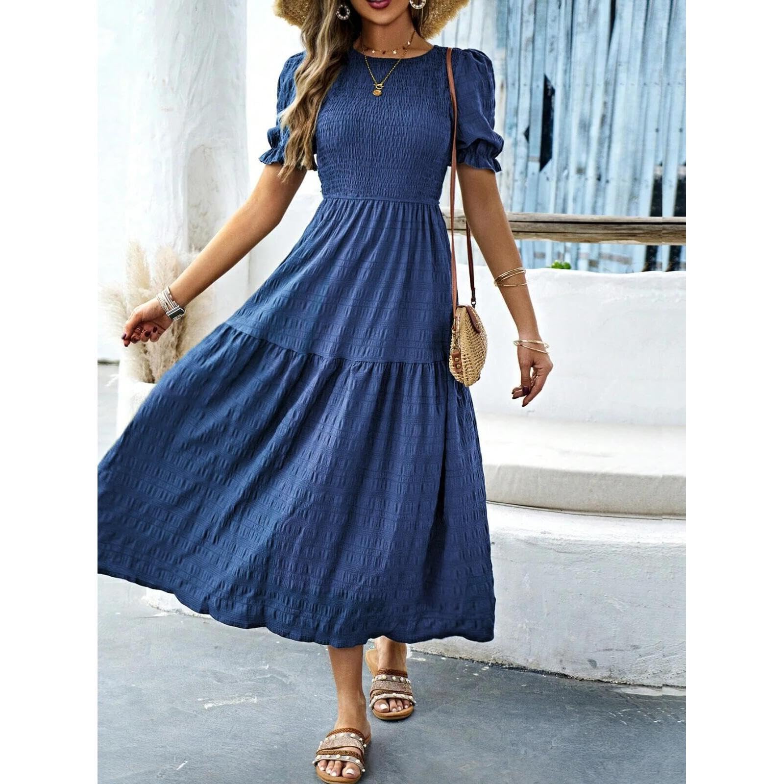 Damen-Maxikleid mit Rüschen Elegantes Freizeitkleid Frühling-Sommer-Mode Einfarbiger elastischer Maxirock