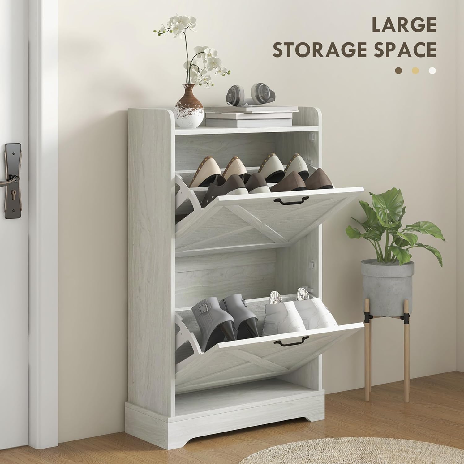 HOMCOM Slim Shoe Cabinet for Entryway, Farmhouse Hidden Shoe Storage Cabinet with 2 Flip Drawers and Adjustable Shelves for 8 Pairs of Shoes, Distressed White