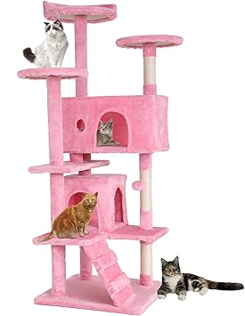 BestPet | 54" Cat Tree Tower | Pink | Sturdy, Easy to Assemble, Multi-Level Activity Center with Sisal Scratching Posts, Cond