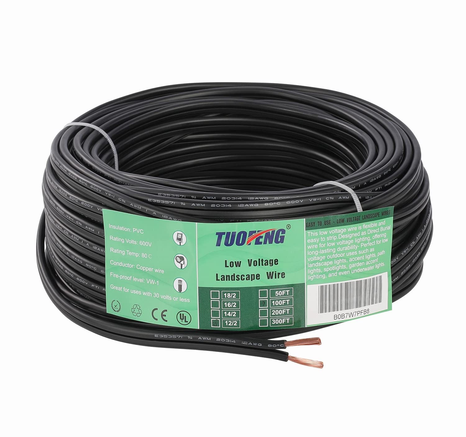 TUOFENG 14/2 niskonapięciowy przewód krajobrazowy do oświetlenia zewnętrznego kabel UL na liście 14 AWG 2-przewodowy 31 metrów (12/2-61-M)