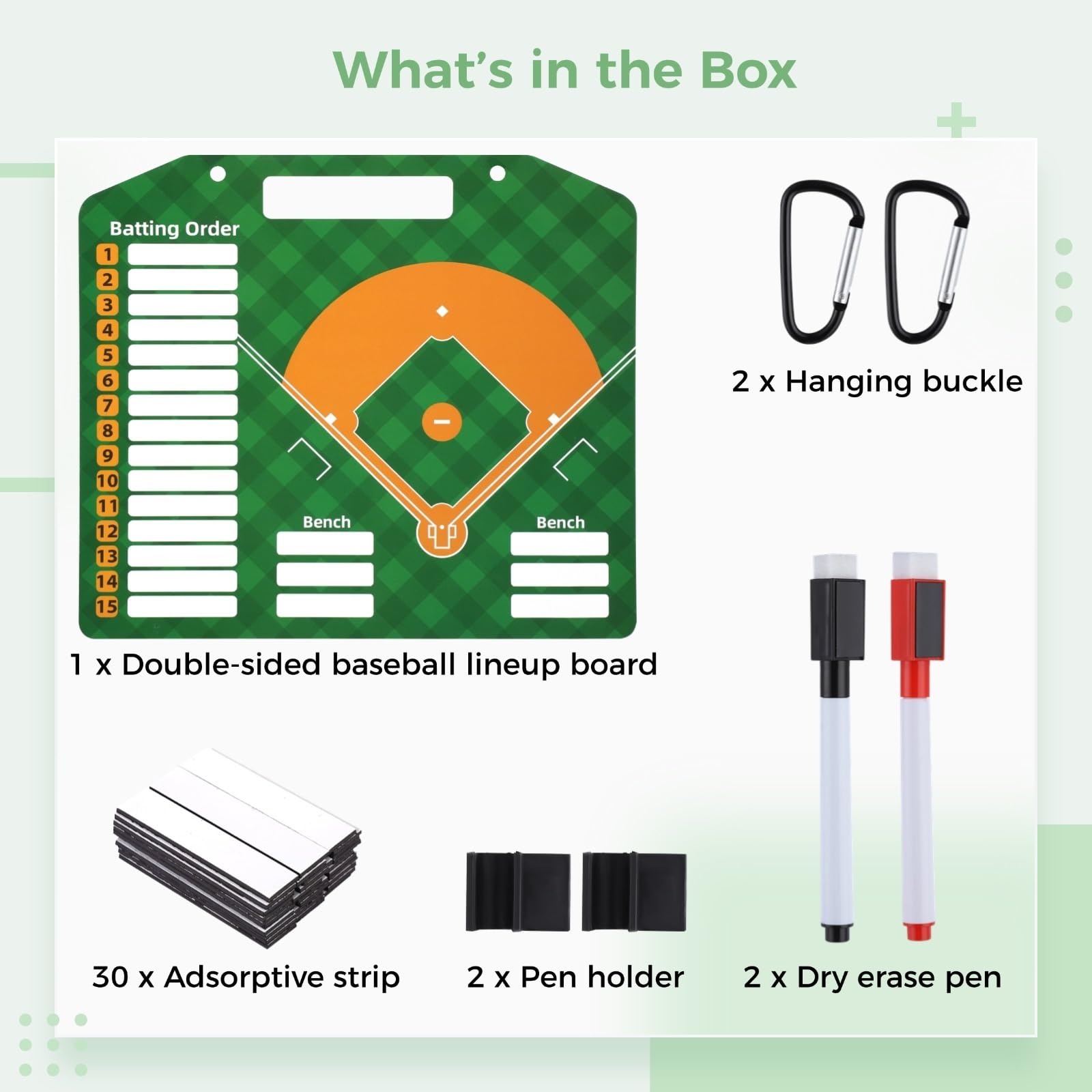 Baseball-Aufstellungsboard, 12,6 x 11 Zoll, doppelseitige Taktiktafel mit 30 haftenden Streifen und 2 Stiften, tragbares Softball-Board für Schlagreihenfolge und Feldpositionen