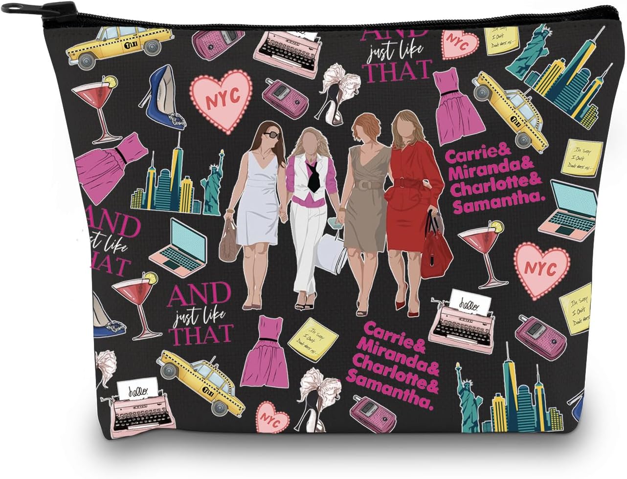 Romantic Comedies TV Series Fans Cosmetic Makeup Bag Carrie Miranda Charlotte & Samantha Zipper Travel Pouch for Movie Lovers Women Girls (Sex TV Pattern Black EU)