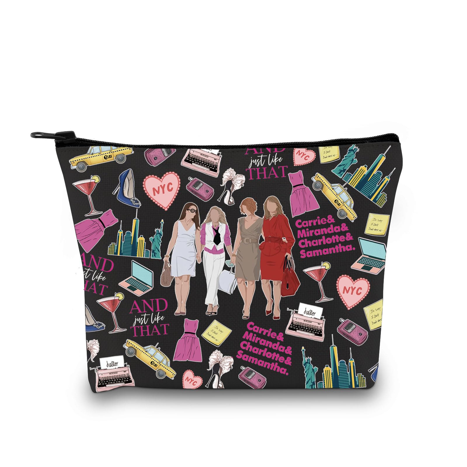 Romantic Comedies TV Series Fans Cosmetic Makeup Bag Carrie Miranda Charlotte & Samantha Zipper Travel Pouch for Movie Lovers Women Girls (Sex TV Pattern Black EU)