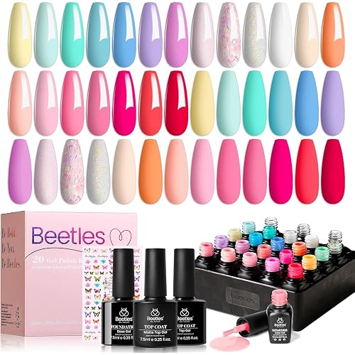 Beetles Gel Nail Polish Set With Base & Matte Top Coat Pastel Gel Polish | 20 Color Pastel Shades Featuring Pink Blue Purple Green Yellow Nude Tones with Soak-Off UV LED Formula for DIY Nail Art