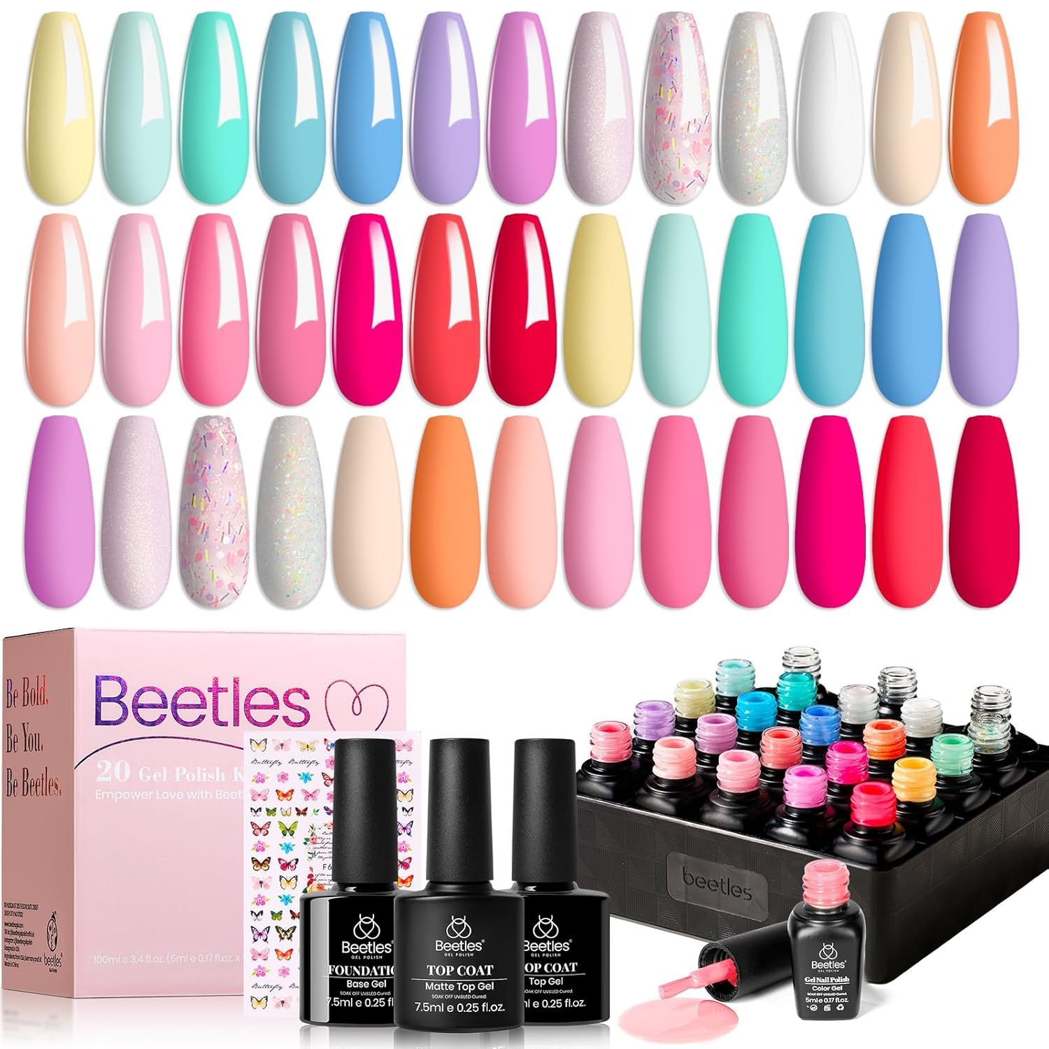 Beetles 23Pcs Gel Nail Polish Set with Base Top Coat Spring Pastel Bright Neon Colors Gel Polish Kit Nude Blue Pink Red Green Purple Colors Soak off Uv Nail Gift for Girls