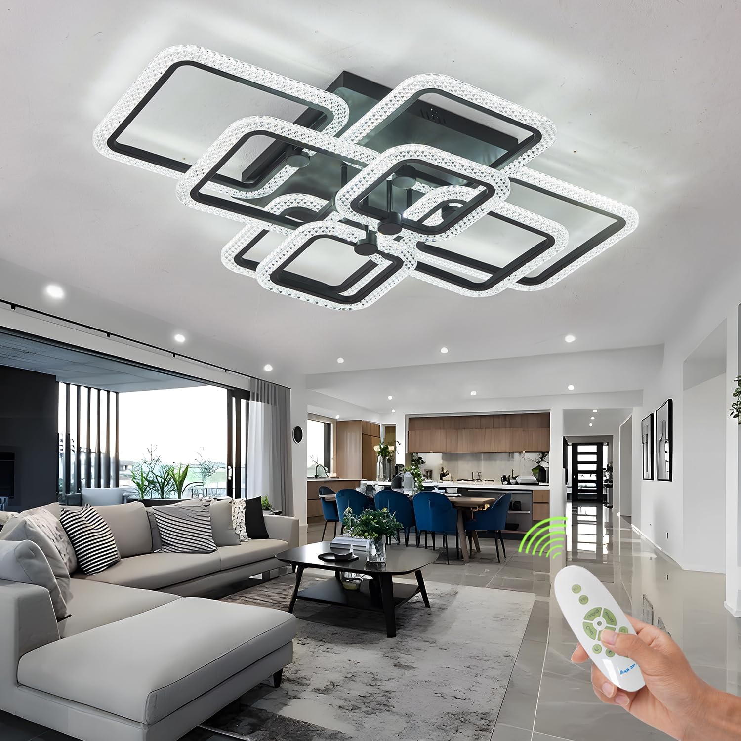 HIHIHOMY Modern LED Ceiling Light, 41.3 Inch Black Color, Modern Crystal Ceiling Lamp, Modern Ceiling Lights for Living Room, Dimmable Ceiling Lamps with Remote Control