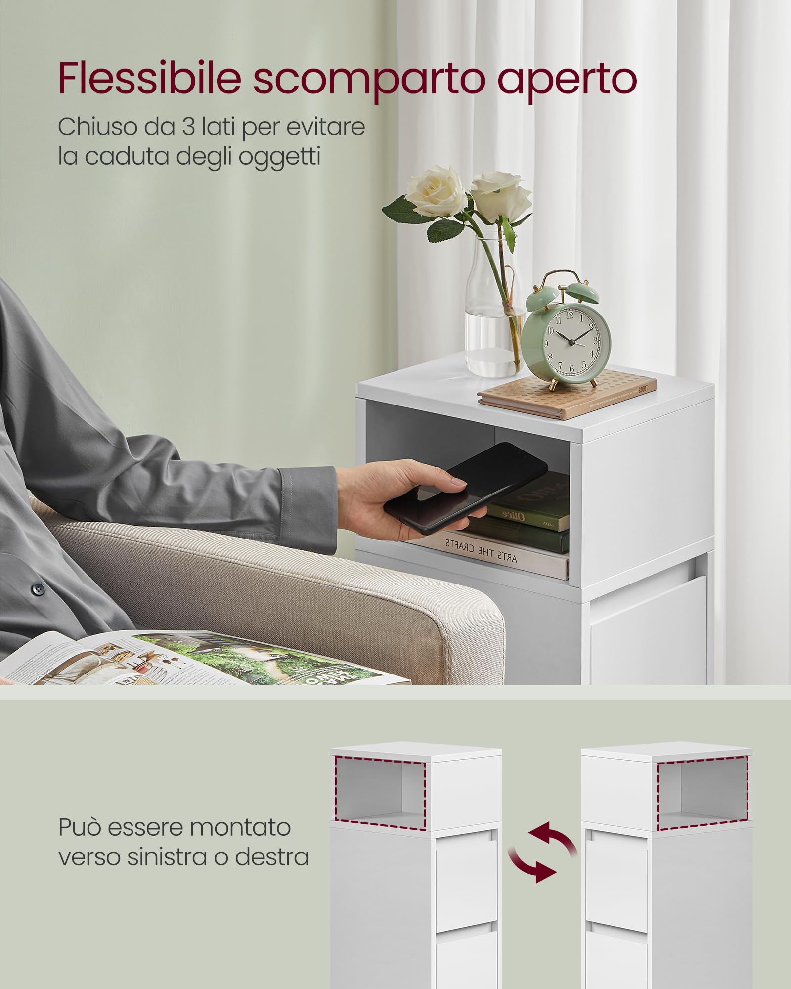 VASAGLE KAILYN Collezione - Comodini Stretti, Set di 2, Tavolini con 2 Cassetti e Scomparto verso Sinistra o Destra, per Camera da Letto, Soggiorno, Moderno, Bianco Nuvola LET856W01