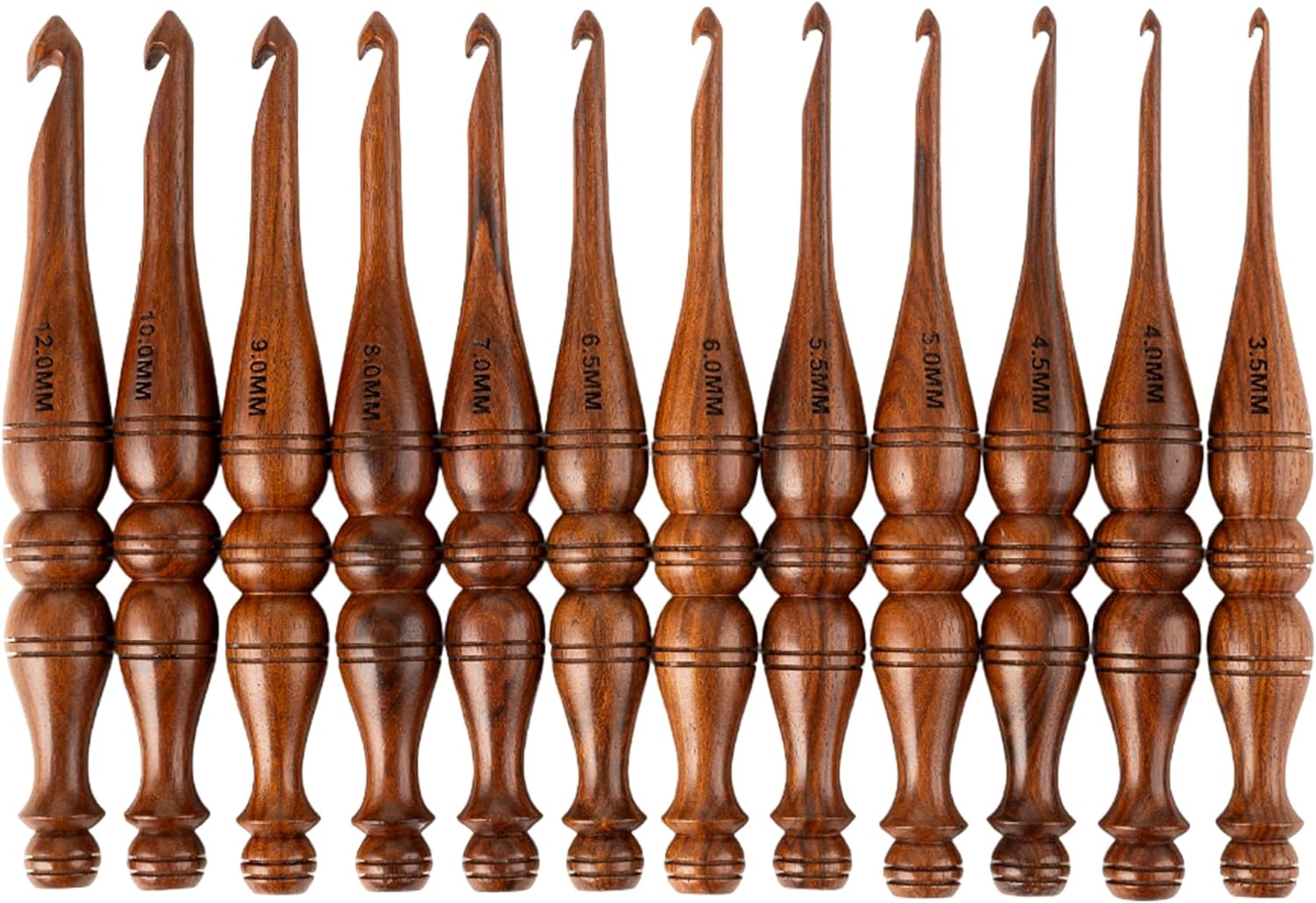 Bhartiya Handicrafts Wooden Crochet Hooks Set of 12 - Ergonomic Rosewood Knitting Needles with Engraved Design, Various Sizes (3.5mm to 12mm)
