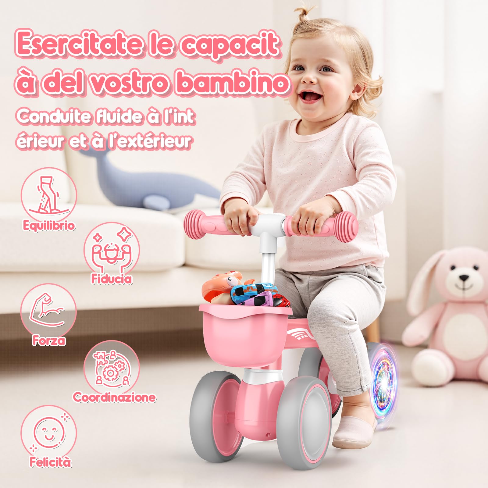 HappyGoLucky Bicicletta Bambini 12-24 Mesi con Cestino, Ruote Colorate, Ultra Leggero, Bicicletta Senza Pedali Giochi Bambina 1 2 Anni, Balance Bike Regalo Bambino 1 Anno, Primo Regalo di Compleanno