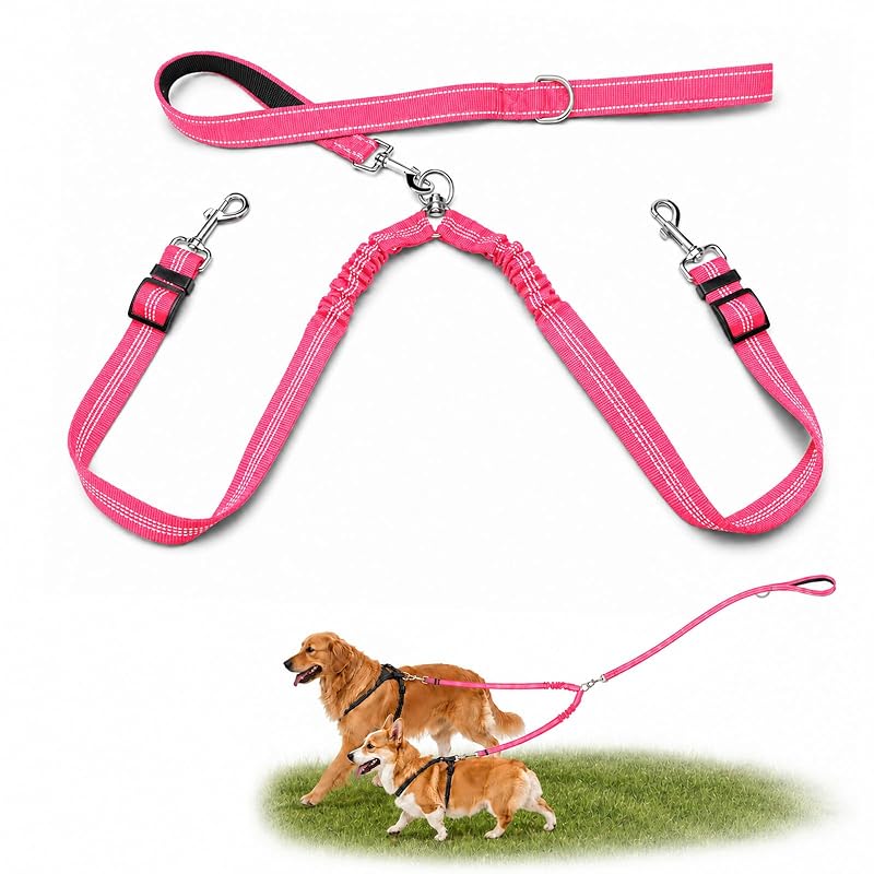 Guia Dupla para Cães PUEENOD com Alça Acolchoada, Giro 360° e Nylon Rosa, 1 unidade