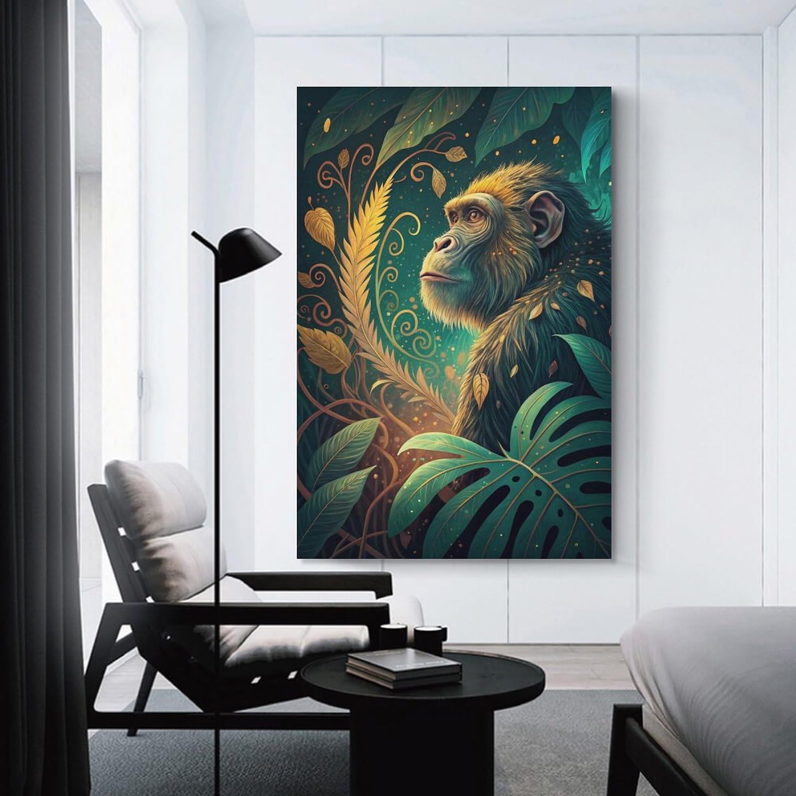 Junmoney Chimpanzee in Lush Jungle Illustration Home Decor Wall Art, 12x18inch(30x45cm), for Living Room, Bedroom Or Home Office, Home Decor Gift with Stylish Appeal